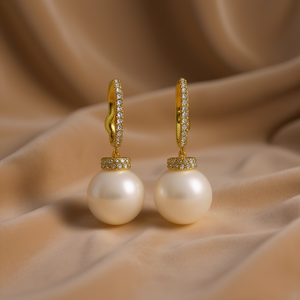 Pendientes de Perlas Doradas E3423, Perlas Cultivadas Redondas Blancas con Engaste de Bisel, Joyería Clásica de Boda para Mujer - Product Image 2