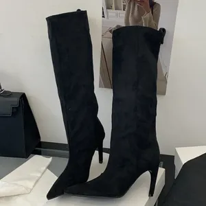Botas de mujer hasta la rodilla con forro de malla sólida, tacones finos, punta puntiaguda, para invierno, sin cordones - Product Image 2
