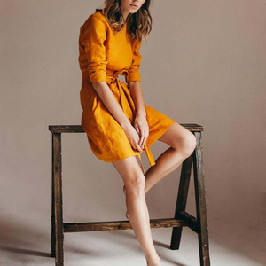 Four Seasons <span class=keywords><strong>carrera</strong></span> más tamaño Casual elegante mujer cuello redondo Lino Mini falda vestidos formales con cinturón - Product Image 3