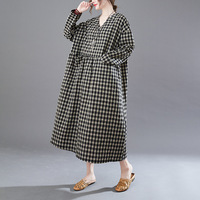 Robe longue décontractée ample col en V ligne A manches longues tissée lin coton taille unique femmes Vintage Plaid automne/hiver