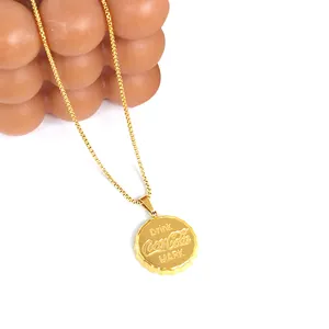 Minimal layering jewelry stunning tarnish free stainless steel coco cola logo embossed gold coin pendent necklace jewelry