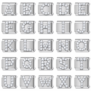 Breloques en acier inoxydable italiennes A-Z avec lettres en cristal, accessoires de bijoux modulaires élastiques à souder pour bracelets DIY, vente en gros - Product Image 2