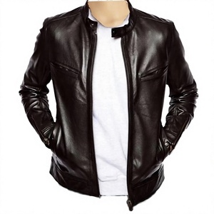 Men's Black Genuine Leather Moto Jacket Stand Collar Zipper Closure Slim Fit Regular Sleeve Autumn Style - Product Image 1
