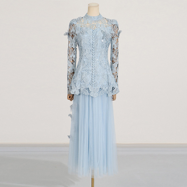 Elegant Two Piece Set New Heavyweight Embroidered Top Long Mesh Tulle Skirt Women'S Matching Outfit Two Piece Ladies Set