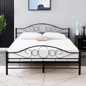 Lit double moderne <span class=keywords><strong>en</strong></span> <span class=keywords><strong>bois</strong></span> avec <span class=keywords><strong>sommier</strong></span> <span class=keywords><strong>à</strong></span> <span class=keywords><strong>lattes</strong></span> et base <span class=keywords><strong>en</strong></span> fer noir <span class=keywords><strong>pour</strong></span> chambre <span class=keywords><strong>à</strong></span> coucher et appartement, montage facile - Product Image 1