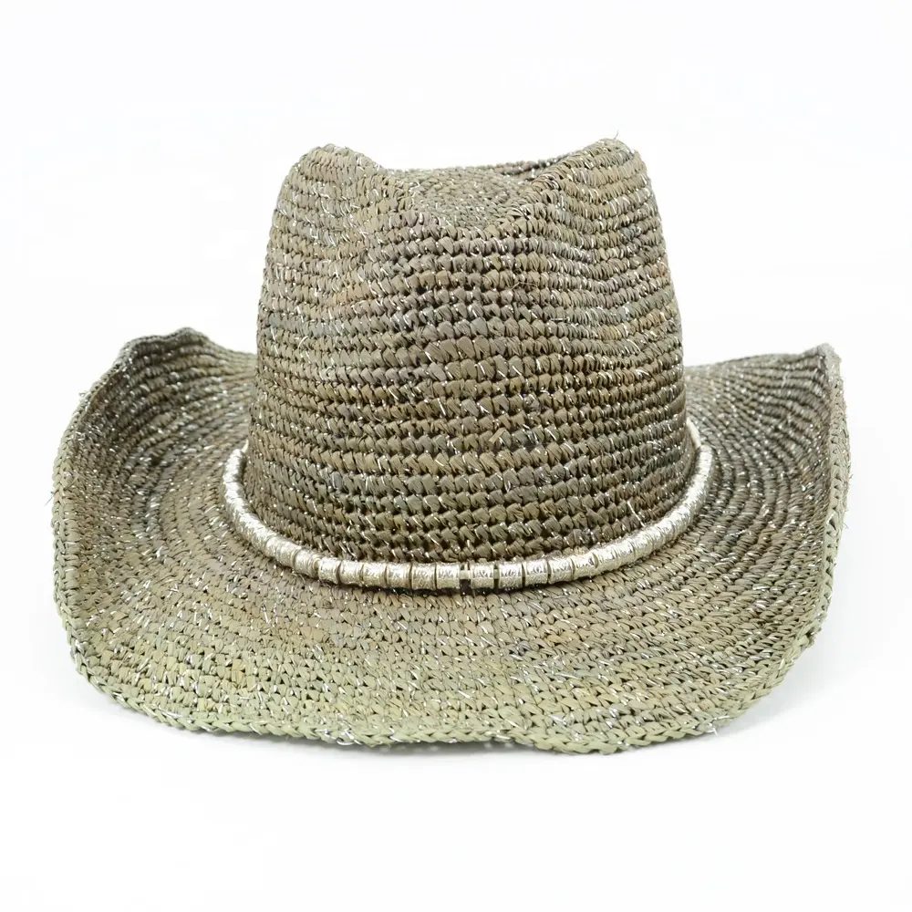 Handmade màu xám Raffia rơm Cowgirl xô hat hạt cắt tỉa móc mềm dành cho người lớn unisex thể thao giản dị tùy chỉnh in Ribbon