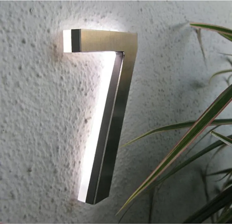 Números luminosos de acero inoxidable, luz LED moderna retroiluminada con letras, números de casa