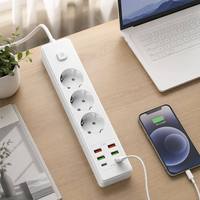 Regleta de alimentación al por mayor con logotipo personalizado, estándar europeo Schuko, de cobre y ABS, 10A, 3 tomas, cable de extensión, 4 USB, 2 USB C PD de carga rápida y protección contra sobretensiones.