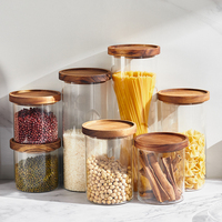 Récipients en verre avec couvercle en bois d'acacia de luxe empilables pour cuisine, spaghetti, pâtes, céréales, épices, conservation des aliments