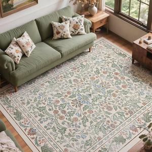 Tapis de luxe imitation cachemire rectangulaire, motif plantes et fleurs, teinture à l'encre beige, feuilles de verre, tapis de salon - Product Image 2