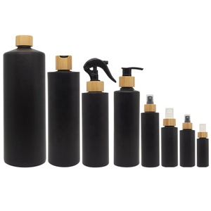 Pulverizador da bomba de embalagens de cosméticos de bambu de madeira tampa de rosca vazio preto fosco 30 50 60ml 100ml de plástico de garrafas pet 200ml 250 500 1000