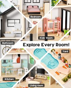 Grande maison de poupée en bois moderne avec meubles et accessoires, jouet en bois pour les tout-petits de 3 ans et plus, cadeau idéal pour les garçons et les filles - Product Image 6