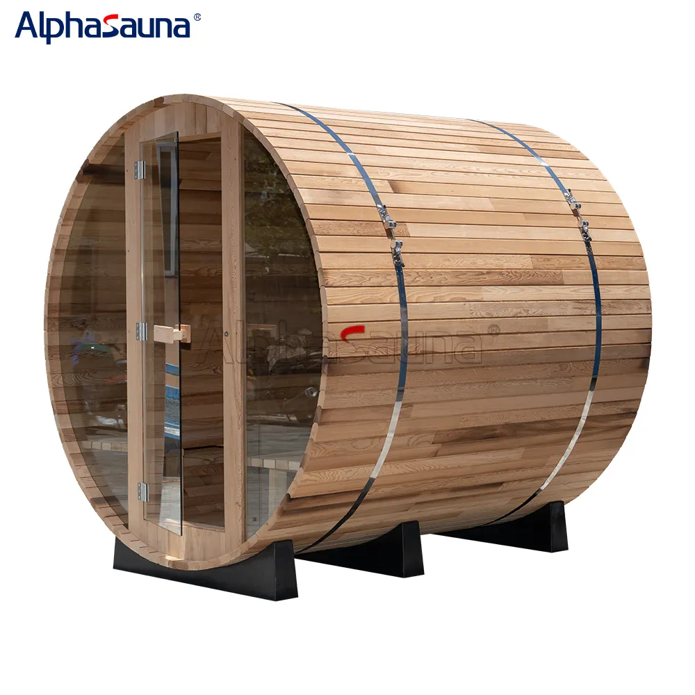 Alphasauna Sauna extérieur en tonneau de cèdre rouge clair Salle de sauna à vapeur sèche en bois massif pour 2 personnes
