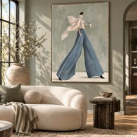 Peinture sur toile élégante de femme, pantalon large bleu, café, style de vie, art mural pour boutique, hôtel, café, bureau, décoration