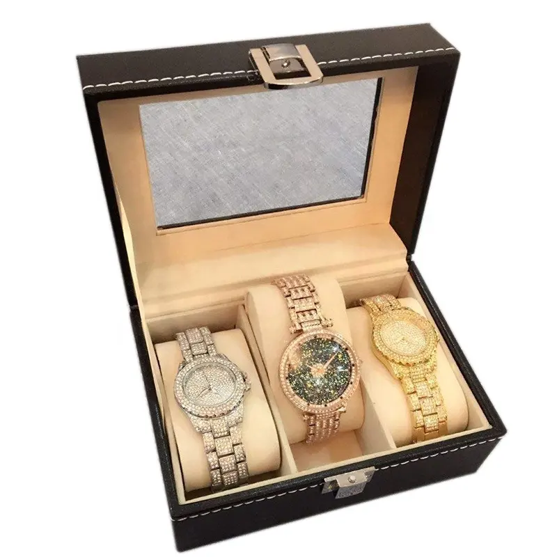 Kotak Penyimpanan Jam Tangan Kulit dengan 3 Slot Casing Jam Tangan Mewah untuk Menampilkan