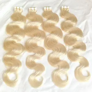 Wholesale mini adhesive tape hair body wave extensions ,raw cuticle aligned russian human hair blonde #60 hair tape vendor