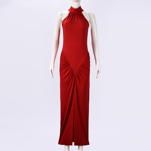 Sexy cuello Halter sin mangas apretado Bodycon mujeres frente Split Casual vestido largo vestido occidental para mujeres - Product Image 4