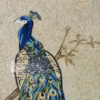 Mosaïque murale de luxe en marbre taillé à la main, motif paon, panneau d'art mural en pierre pour les entrepreneurs en projets hôteliers et de villas
