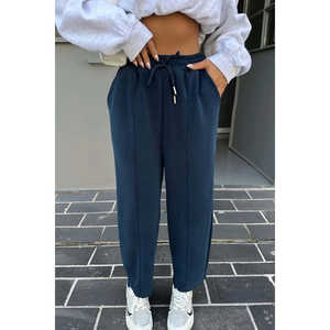 กางเกงคาร์โก้เอวสูงสีน้ำเงินกรมท่าสำหรับผู้หญิง ผ้าแคนวาสผสมชีฟอง ระบายอากาศได้ดี มีเชือกผูก สไตล์ลำลอง เอวยางยืดสำหรับสาวๆ - Product Image 2