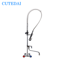 Cutedai Grifo Comercial de Cocina con Rociador Pre-ensucioñador, de Doble Manija, Montaje en Pared, Orificio Ajustable, Latón con Acabado Cromado, Estilo Contemporáneo