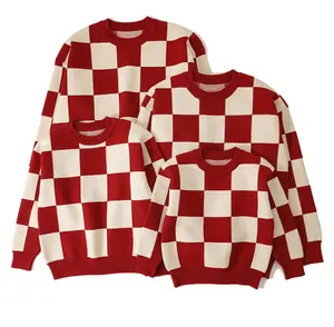 Hot Selling Low Price OEM Spring/Autumn Daddy&Me Outfits Family Matching Clothing Red White Plaid Jumper Sweater Knitwear