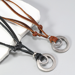 Collier vintage pour <span class=keywords><strong>homme</strong></span> avec pendentif cercle en métal et chaîne en cuir véritable – Idée cadeau - Product Image 3