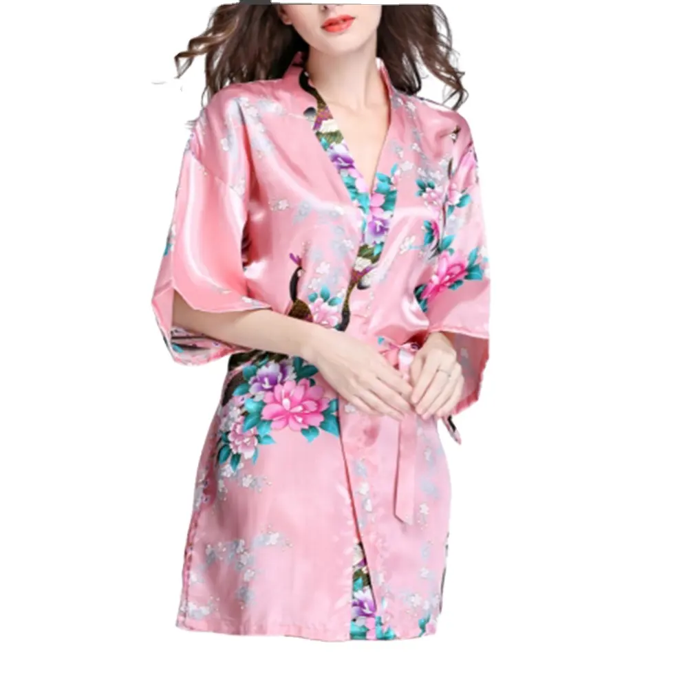 KY OEM al por mayor de las mujeres pijamas camisón de seda kimono impresión Floral Correa V Cuello medio pijamas de manga