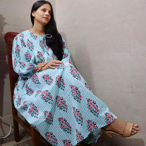 Handmade Indian Cotton Flock Print Mid-length One-piece <b>Kaftan</b> Dress Lightweight Quick Dry <b>Beach</b> Cover Boho Summer Resort Wear - Product Image 5