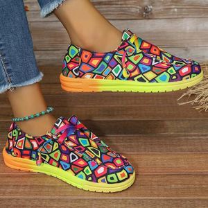 MAZ Foreign Trade Plus-Size New Lace-Up Colorful Low-Top Summer Breathable Graffiti Lazy <b>Canvas</b> Flat Shoes Women's - Product Image 3