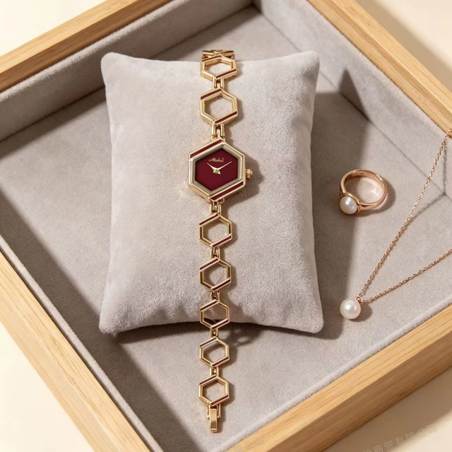 Elegant Ladies Hexagonal Quartz Watch Gold Tone Hollow Chain Bracelet with Wine Red Dial Retro Luxury Dress Wristwatch for Women