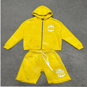 Ensemble de vêtements de sport vintage pour hommes 100% coton personnalisé Joggers en strass délavés et sweat à capuche tricoté avec patch brodé - Product Image 5