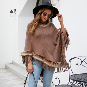 Capa de punto con borlas para mujer, poncho suelto de color liso, chal tipo jersey, abrigo informal estilo europeo americano, novedad otoño-invierno - Product Image 1