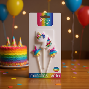 Velas de cumpleaños de unicornio Party Love, juego de 3 piezas con diseño de estrellas y arcoíris para decoración de pasteles - Product Image 3