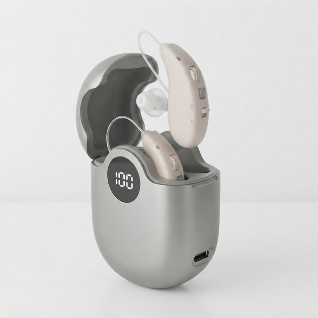 16 Channels Digital BTE Hearing Aid Amplifier, Rechargeable Magnetic Charging Case Noise Cancel with Voice Prompt for Elderly