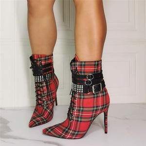 Big Size 47 New Arrivals Plaid Pattern Ankle Buckle Strap Pointed Toe Women Ankle Boots Thin High <b>Heel</b> Short Booties for Ladies - Product Image 1