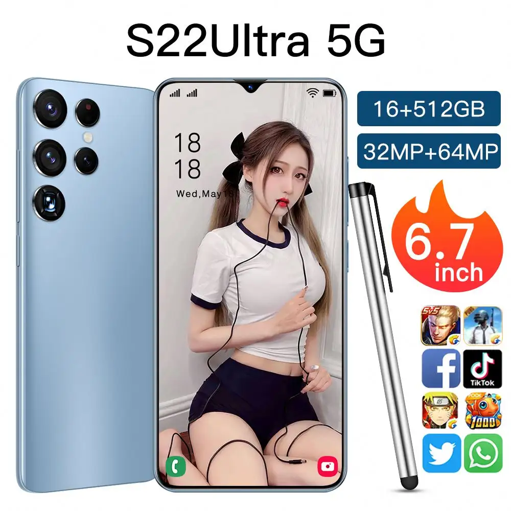 Hot Selling S22 ULTRA Original 16GB+512GB 16MP+32MP Big Screen 6.7 Inch Telephone Water Drop 5G Smart Android Cellphone Phones