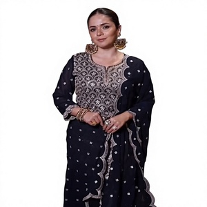 Designer Indian Pakistani Style Long Sleeve Silk Salwar Kameez Women's Fancy Embossed Print Party Wear Modern - Product Image 2