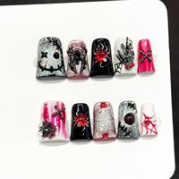 Faux Ongles Press-On Faits Main, Thème Halloween : Crâne, Squelette, Toile d'Araignée, Gothique, Couverture Complète, Breloques 3D, Lot de 10 Pièces