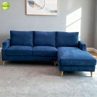 Sofá Moderno de Tela Suave Azul Marino de 3 Plazas en Forma de L con Chaise Longue y Patas de Madera Maciza para Sala de Estar/Apartamento/Hotel/Oficina
