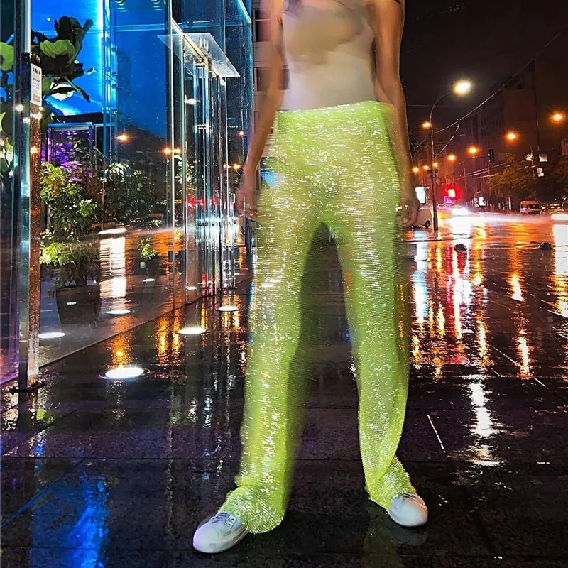 SHIHAN Women Mesh Rhinestone See Through Fishnet Trousers Crystal Hollow Out Diamante Cover Up Sparkle Festival Bottom Pants