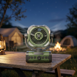 Ventilateur de camping portable rechargeable haut de gamme avec brumisateur, oscillation automatique à 120°, inclinaison manuelle à 270°, écran LCD et télécommande - Product Image 2