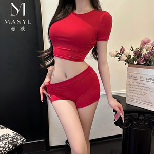 Camiseta Roja con Hombros Descubiertos al Estilo de las Influencers, Conjunto de Lencería Sexy y Atractivo que Expone la Cintura para Mujer 9419 - Product Image 1