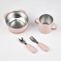 Nouvel ensemble de vaisselle 2026 en acier inoxydable et silicone avec design ours, assiettes à ventouse pour bébé, tasses, bols et couverts pour enfants