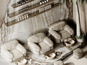 Servicio de Diseño de Interiores para Salón de Belleza Wabi Sabi, Zona de Estilismo Arqueada Personalizada y Muebles para Exhibición de Productos para el Cuidado de la Piel - Product Image 3