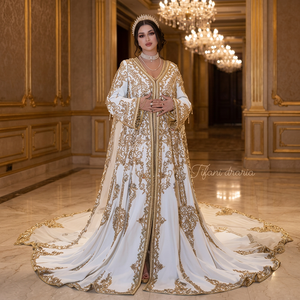 <b>White</b> Elegant Caftan Abaya Dress Gold <b>Beaded</b> Embroidery Flared Hem <b>Floor</b> Length V Neck Long Sleeve Loose Fit Formal Wedding Robe - Product Image 2