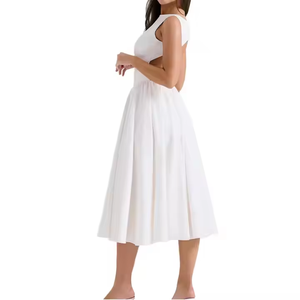 <b>White</b> Sleeveless A-Line Midi Dress Jewel Neck Woven Polyester Casual Daily Wear Simple Solid Pattern Breathable Regular Fit - Product Image 2