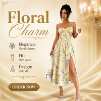Robe longue décontractée pour femme, imprimé floral, bretelles spaghetti, col cœur, taille froncée, fente haute, idéale pour les vacances (OEM/ODM)