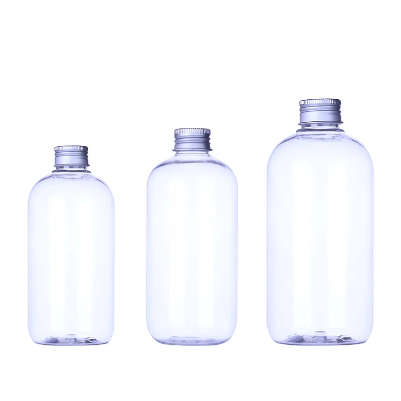 Hoge Kwaliteit 250Ml 300Ml 500Ml Cosmetische Plastic Fles Ronde Transparante Pet Plastic Fles Aluminium Dop