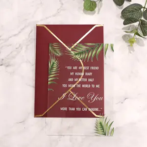 독특한-녹색 잎 디자인 명확한 아크릴 초대장 금박 가장자리 빨간 종이 봉투 재고 로맨틱 웨딩 문구