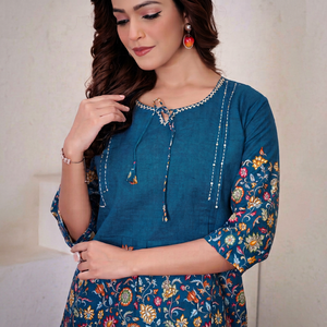 NOIIR PIGEON Womens Premium Pure Cotton Kantha Work <b>Salwar</b> <b>Kameez</b> Printed Top Comfortable Bottom Ethnic Style Quick Dry - Product Image 1